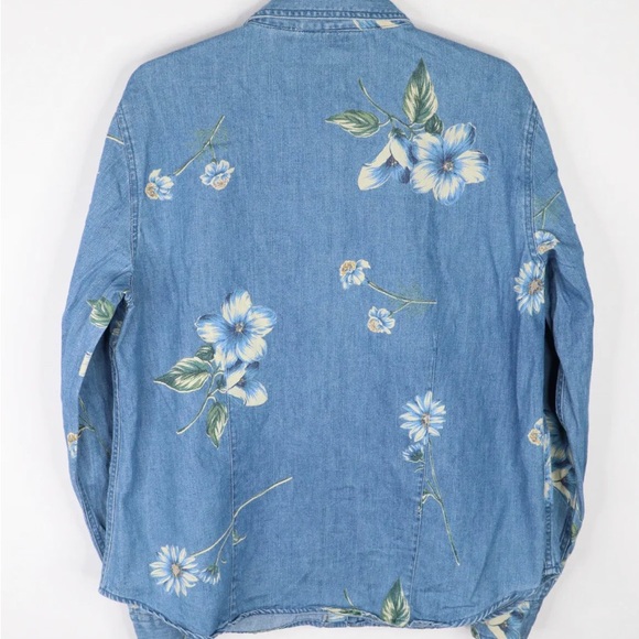 Lemon Grass Vintage Womens Denim Shirt Flower Floral Pattern Long Sleeve Blue L - Picture 6 of 6